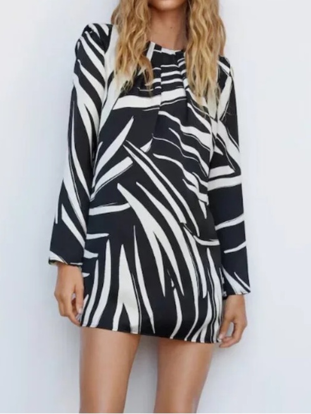 Mango Black and White Printed Long-Sleeve Mini Dress